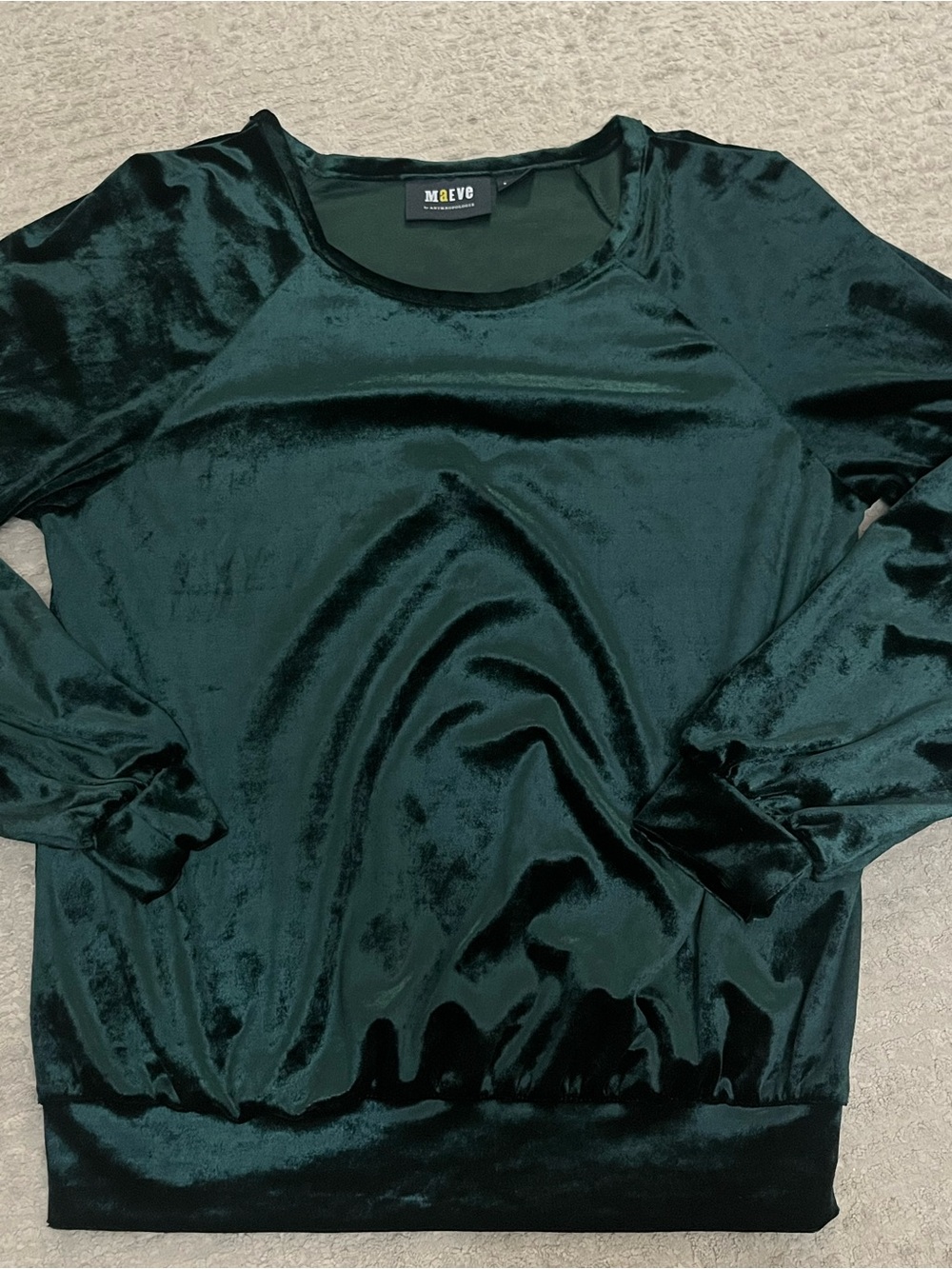 Maeve Anthropologie Candace Velvet Velour Long Sleeve Emerald Green Top